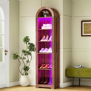 Bibliothèque en bois cintrée avec éclairage LED et rangement ouvert pour salon, bureau, chambre - Product Image 1