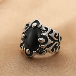 yunnique Men's <b>Silver</b> <b>Ring</b> With Black Stone Retro Flower Design Bezel Setting Jewelry Gift - Product Image 1