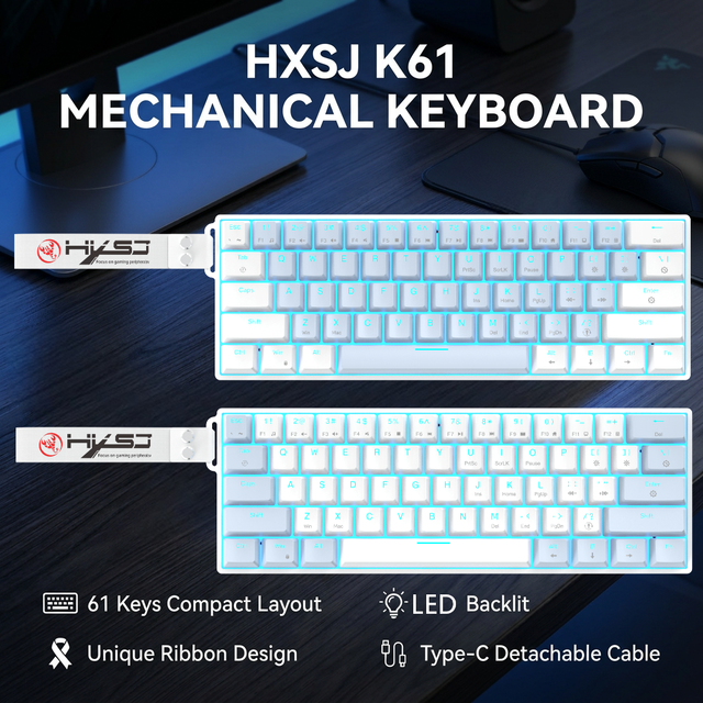 HXSJ K61 Wired Mechanical Keyboard 61 Keys Compact Gaming Keyboard with Personalized Ribbon Portable Keyboards for PC Gamer