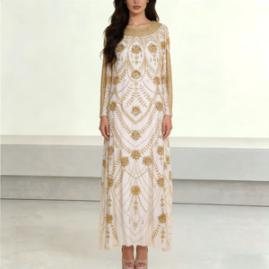 Abaya de luxe en or blanc brodée à la main pour femme, robe longue musulmane modeste, caftan de soirée perlé pour l'Aïd, mariage, Moyen-Orient - Product Image 1