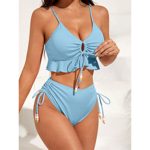 Traje de baño dividido a la moda para mujer, diseño de cintura alta, bikini conservador con detalles de cordón - Product Image 5