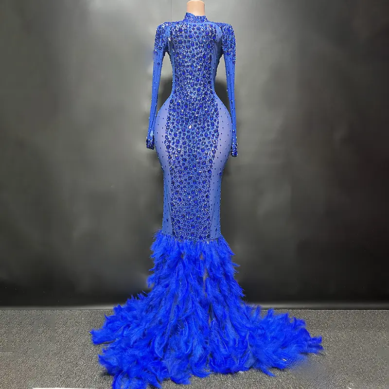 Novance y2222 produk trendi 2024 model baru gaun musim dingin wanita lengan panjang leher tinggi Royal biru gaun malam mewah