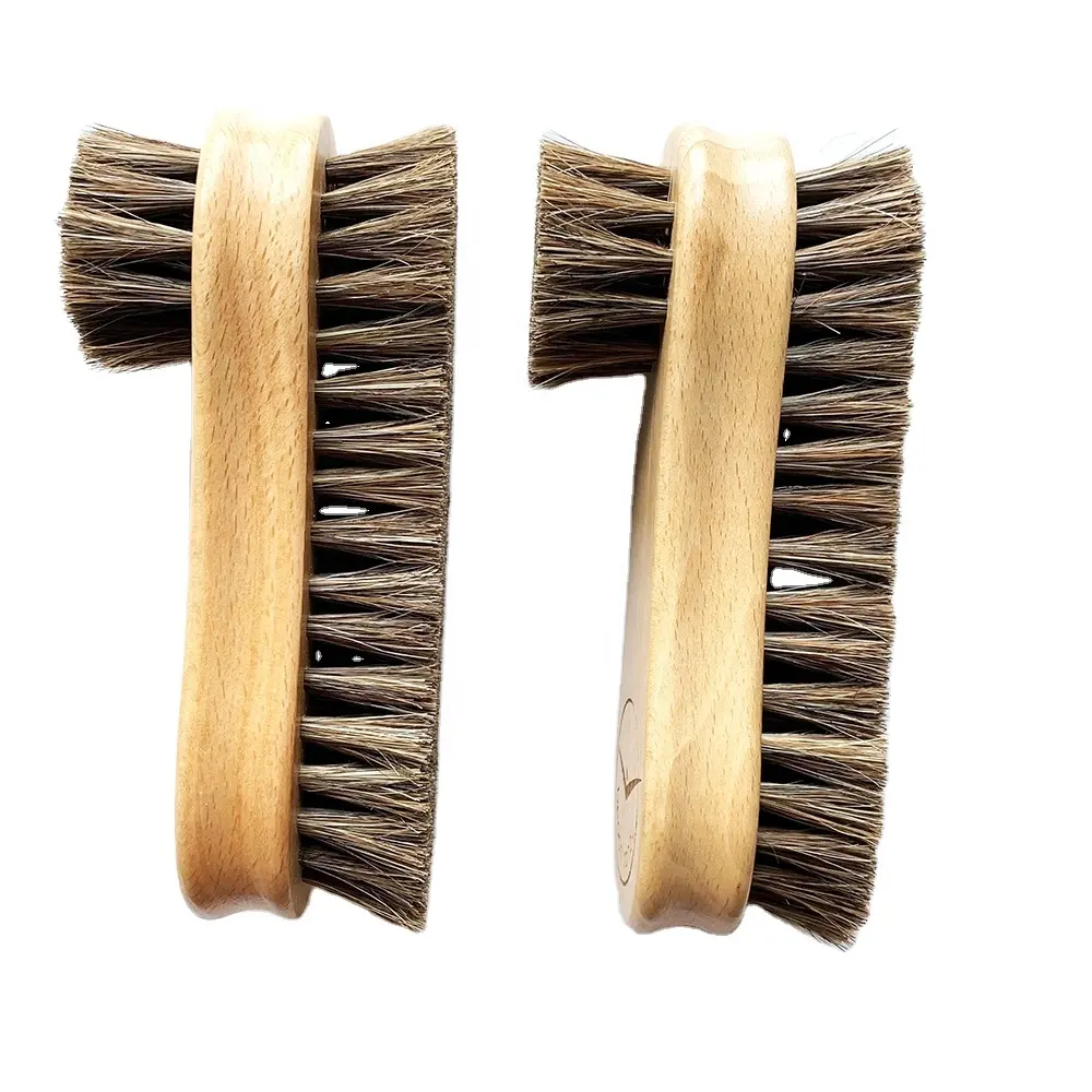 6.7" Horsehair Shoe Shine Buff Double Sided Horse Bristle Brush,Unique Concave Design Wood Handle -Buffing Brushes