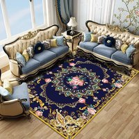 Tapis personnalisé en velours noir et blanc à motif médaillon, imprimé, antidérapant, doux, pour salon, avec bordure géométrique vintage