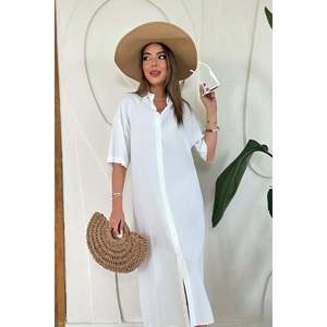 Robe midi unie en lin 100% blanc avec taille naturelle - Manches courtes respirantes - Product Image 4