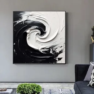 Pintura al Óleo Abstracta de Ondas en Blanco y Negro, Arte Moderno Texturizado en Lienzo para Decoración de Sala de Estar - Product Image 1