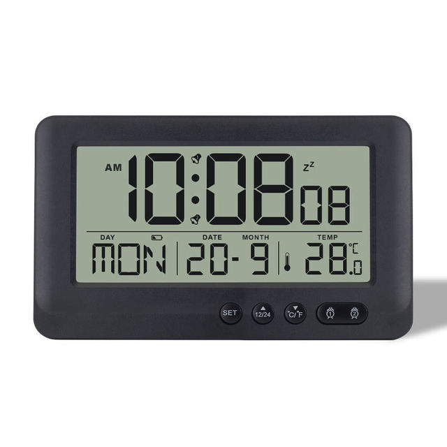 Digital LCD Silent Alarm Clock Multi Function Display Time Bedroom Bedside Radio Battery Operated Modern Design ABS Plastic