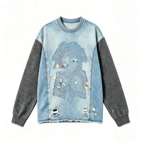 T-shirt col rond patchwork avec appliqué strass motif dessin animé, ourlet effiloché, trous déchirés, manches contrastantes, style streetwear
