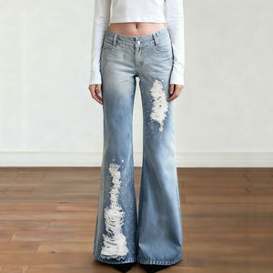 กางเกงยีนส์เดนิมทรงขาบานเอวสูงแต่งลายฉลุปักเลื่อมสไตล์วายทูเค แต่งขอบเอววี แต่งผ้าลูกไม้ แต่งรอยขาดไล่เฉดสี - Product Image 2