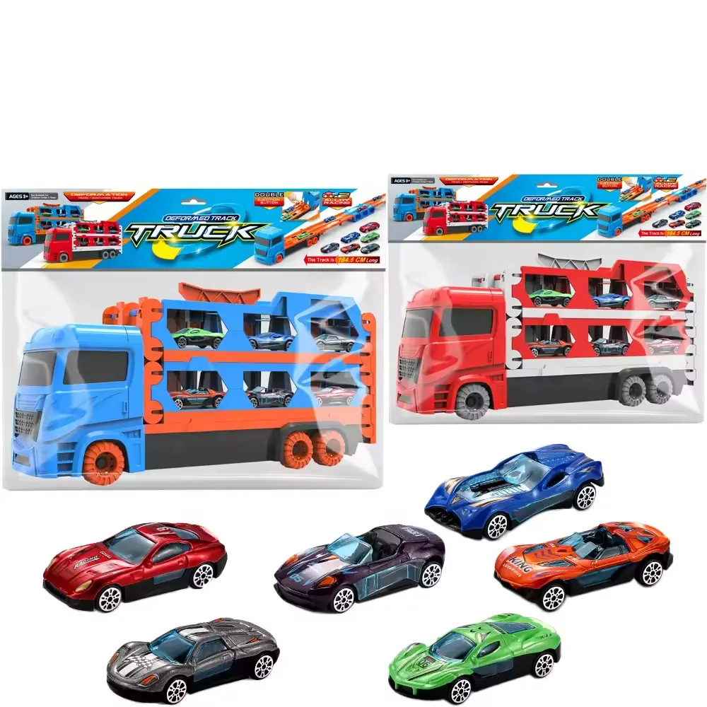 Hot Sản phẩm bán chạy 2in1 đa chức năng biến dạng phóng theo dõi gấp xe tải đồ chơi với hai hợp kim xe ô tô juguetes Para Los ninos