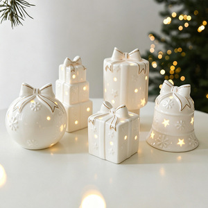 LINGKAI White Ceramic Christmas Gift Box Bell Ornaments With <b>LED</b> <b>Lights</b> Gold Trim Tabletop Xmas Home Holiday Desktop Decor - Product Image 1
