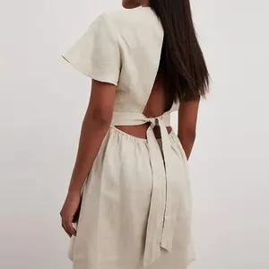 2023 designer high quality Custom lady fashion Summer elegant Tie Front Linen short cut out backless mini sun dress for woman