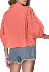 <span class=keywords><strong>Camicetta</strong></span> da donna Vintage estiva Crop Top in tessuto con colletto Button Down a maniche corte stile Casual camicia Crop - Product Image 2