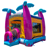 Château gonflable tropical accrocheur pour usage commercial, décoration de palmier, aire de jeux pour carnaval d'été et location de fête