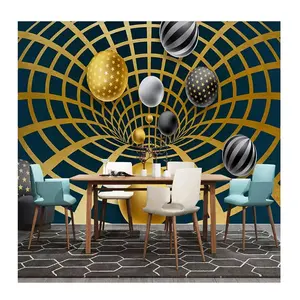 KOMNNI现代艺术壁纸3d立体扩展空间壁画金色线条黑色背景几何球壁纸