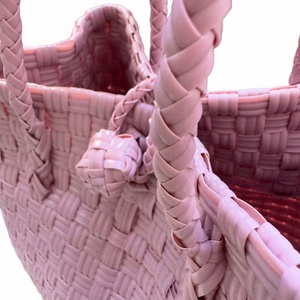 Eco Friendly Handmade Pink Woven <b>Plastic</b> Tote <b>Bag</b> Custom Summer <b>Beach</b> Shoulder Shopping Basket Handbag For Women Daily Wholesale - Product Image 6