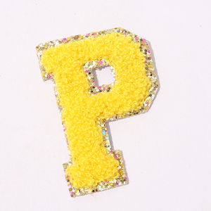 Personalizado DIY 6,2 cm 5,5 cm Chenille Glitter 26 letras parche palo en bordado autoadhesivo amarillo alfabeto letras parches - Product Image 2
