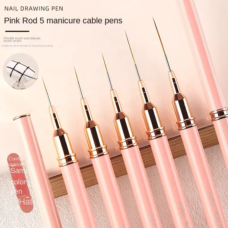 Professional Metal Handle Nylon Hair 5pcs Nail Brush Set Painting Line 9mm Nail Art Liner Brush for Nail Beauty Kits