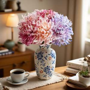 Flores de Crisantemo Artificiales de PU de Alta Calidad al por Mayor, 77 cm, Cabeza de 25 cm, Tacto Real, Decoración de Mesa para Bodas, Otoño - Product Image 2