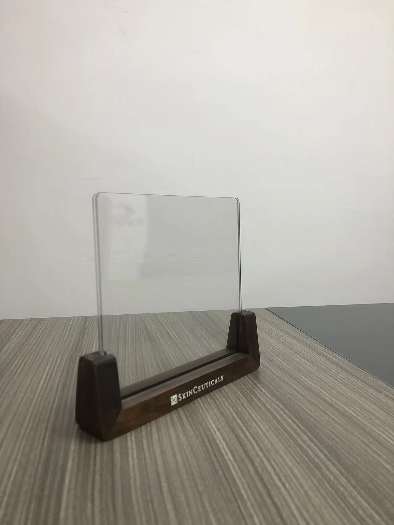 Transparent Acrylic Menu Stand with a Wooden Counter Top Shelf, Ideal for Restaurants and Hotels. — view 6