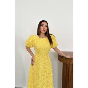 Vestido de Noche de Gala Amarillo XS al por Mayor con Cuello Alto, Cintura Imperio, Lentejuelas Tejidas a Crochet, Largo hasta el Suelo para Fiesta Formal - Product Image 3