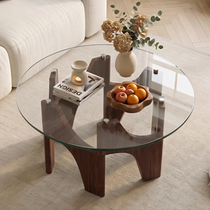 Round Tempered Glass <b>Coffee</b> <b>Table</b> with Solid Wood Geometric <b>Legs</b> Easy Clean Transparent Top Center <b>Table</b> <b>for</b> Living Room - Product Image 2