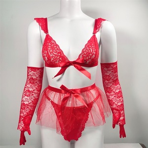 Women Red Underwear Bow <strong>Tutu</strong> Dress Erotic Lace Gloves Sexy Lace Lingerie Women Sexy Red Lingerie and Gloves