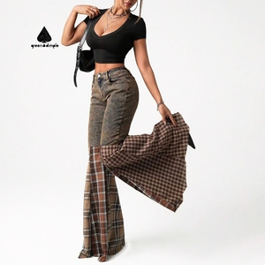 Jeans di Alta Qualità per <span class=keywords><strong>Donna</strong></span>, Produttore di Pantaloni Personalizzati, Jeans a Zampa con Inserti a Quadretti per <span class=keywords><strong>Donna</strong></span> - Product Image 1