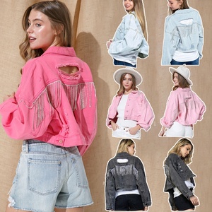 ODM OEM marca privada Fall Winer Vintage rasgado Jean Shacket Rhinestone Fringe Denim Jacket Mujer - Product Image 1