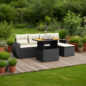 Conjunto de Sofá de Jardín Negro de Ratán Sintético con Cojines de Espuma de Alta Densidad, Diseño Contemporáneo, Impermeable, para Uso en Jardín - Product Image 2