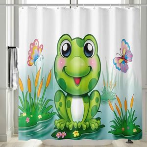 4pcs Green Frog <b>Shower</b> <b>Curtain</b> Set with Bathroom Mat Home Decor; Frog Sits on Leaf <b>Funny</b> & Stylish - Product Image 3