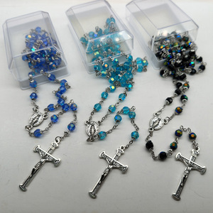 Collier chapelet en cristal bleu saphir, bleu lac, bleu ciel, avec pendentif croix perlée, bijoux religieux unisexe, chaîne en argent 925 - Product Image 1
