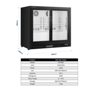 Enfriador de Bebidas de 191 L, Refrigerador de Bebidas Negro, Refrigerador de Botellas con Acero Revestido en Polvo, 160 W, Doble Puerta, BT9 - Product Image 4
