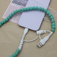Câble de charge USB-A vers Type-C à motif turquoise perlé, fait main, décoratif, pour téléphone