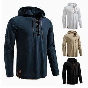 T-shirt à capuche à manches longues de couleur unie pour homme, style décontracté, streetwear, pull rétro, coupe ample - Product Image 3
