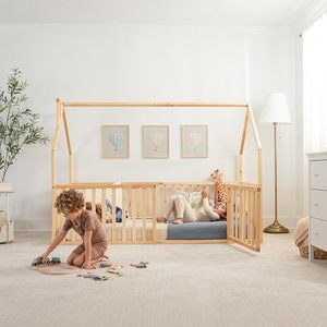 Cama Montessori de suelo con puerta para niños, tamaño individual, 100% madera de pino, con cerramiento de seguridad para niños mayores de 5 años - Product Image 2