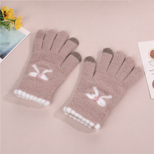 Gants d'hiver pour femmes, doublés polaire, coupe-vent, compatibles écran tactile, chauds, mignons, en peluche tricotée, à doigts entiers, avec nœud papillon, en acrylique/coton - Product Image 3