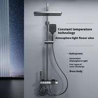 Mitigeur de douche pluie gris bronze avec affichage LED de température et heure, 4 fonctions, en laiton, température constante, avec étagère de rangement
