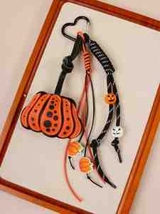 Halloween-themed Creative <b>Leather</b> Double-Sided Mini Pumpkin Bag Pendant Wooden Bead String Keychain Hanging Ornament - Product Image 6