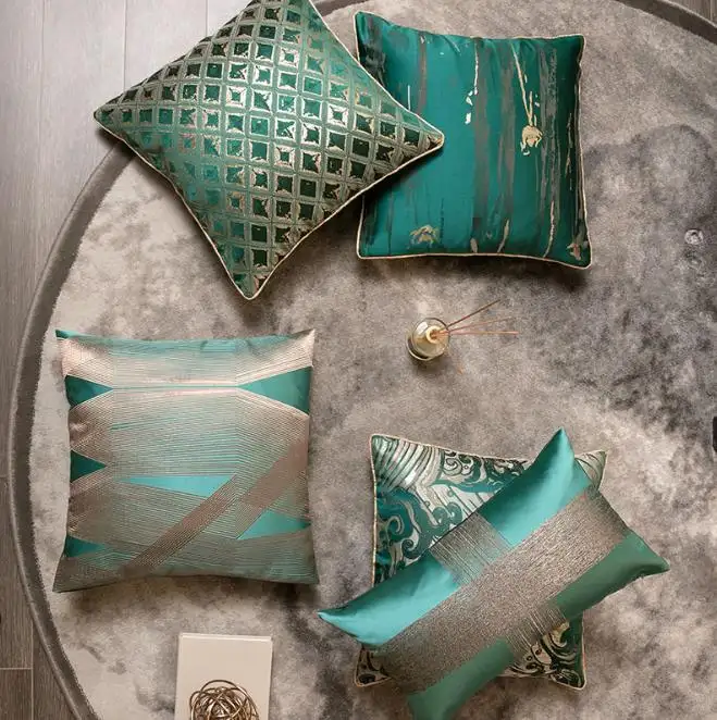 Funda de almohada de lujo para sala de estar y dormitorio, cubierta de cojín Jacquard de satén verde oscuro decorativo