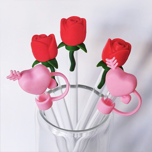 Tapa de paja de vidrio con anillo Rosa Corazón de silicona de grado alimenticio de 10 Mm para accesorio de barra de paja Boba, novedad - Product Image 6