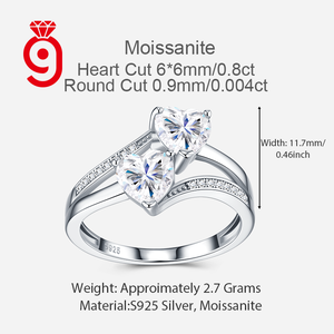 Meilleure Vente Bague d'Anniversaire en Argent S925 à Haute Exposition, Double Cœur <span class=keywords><strong>Solitaire</strong></span>, Double Bande Fendue, avec Pied Pavé de Petites Pierres et Moissanite - Product Image 2