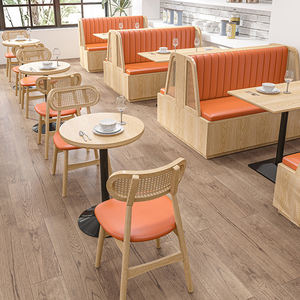 Set di Tavoli e Sedie Contemporanei XZY per Ristoranti, Divani e Panche in Legno Arancione e Pelle per Caffetterie, Fast Food e Bar - Product Image 3