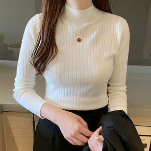 Solid Color Breathable Cheap Spring Winter Half High Neck <b>Long</b> <b>Sleeve</b> White <b>Black</b> Rib Woman Ladies Knit <b>Top</b> Female Sweaters - Product Image 1