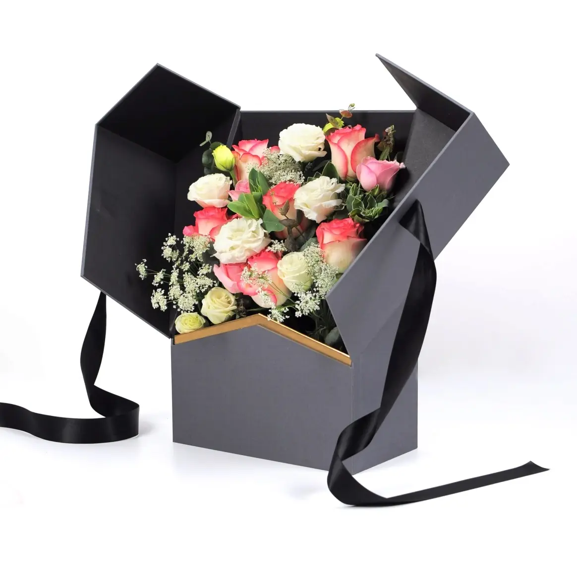 Luxo Bat Estilo Rose Flower Gift Box Caixa De Embalagem De Papelão Retangular Com Corda De Alça De Seda