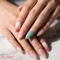 Art des ongles 3D ABS Drip Gradient |   Ongles à presser floraux perlés avec motif peint à la main, forme amande, style français