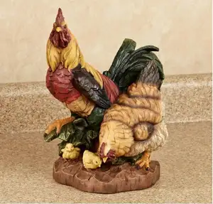 customized polyresin figurine Rooster and Hen Tabletop Accent - Resin - Red, Yellow, Dark Green, Brown, Orange - Chicken Family