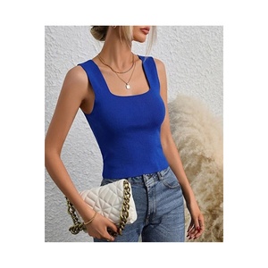 Women's <b>Pink</b> Ribbed Tank <b>Top</b> Square Neck Sleeveless Knit <b>Crop</b> <b>Top</b> High Waist Fit Casual Wear - Product Image 3