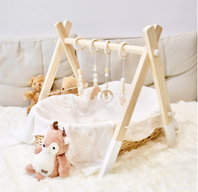 Wooden Foldable Baby Play Gym with 4 Hanging Toys for Play   Learn  Baby Activity Gym Frame Hanging Bar Toddler Gym