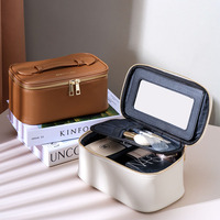Sac de maquillage en PU avec miroir intégré et poche pour pinceaux, sac de rangement pour cosmétiques de voyage pour les voyages d'affaires